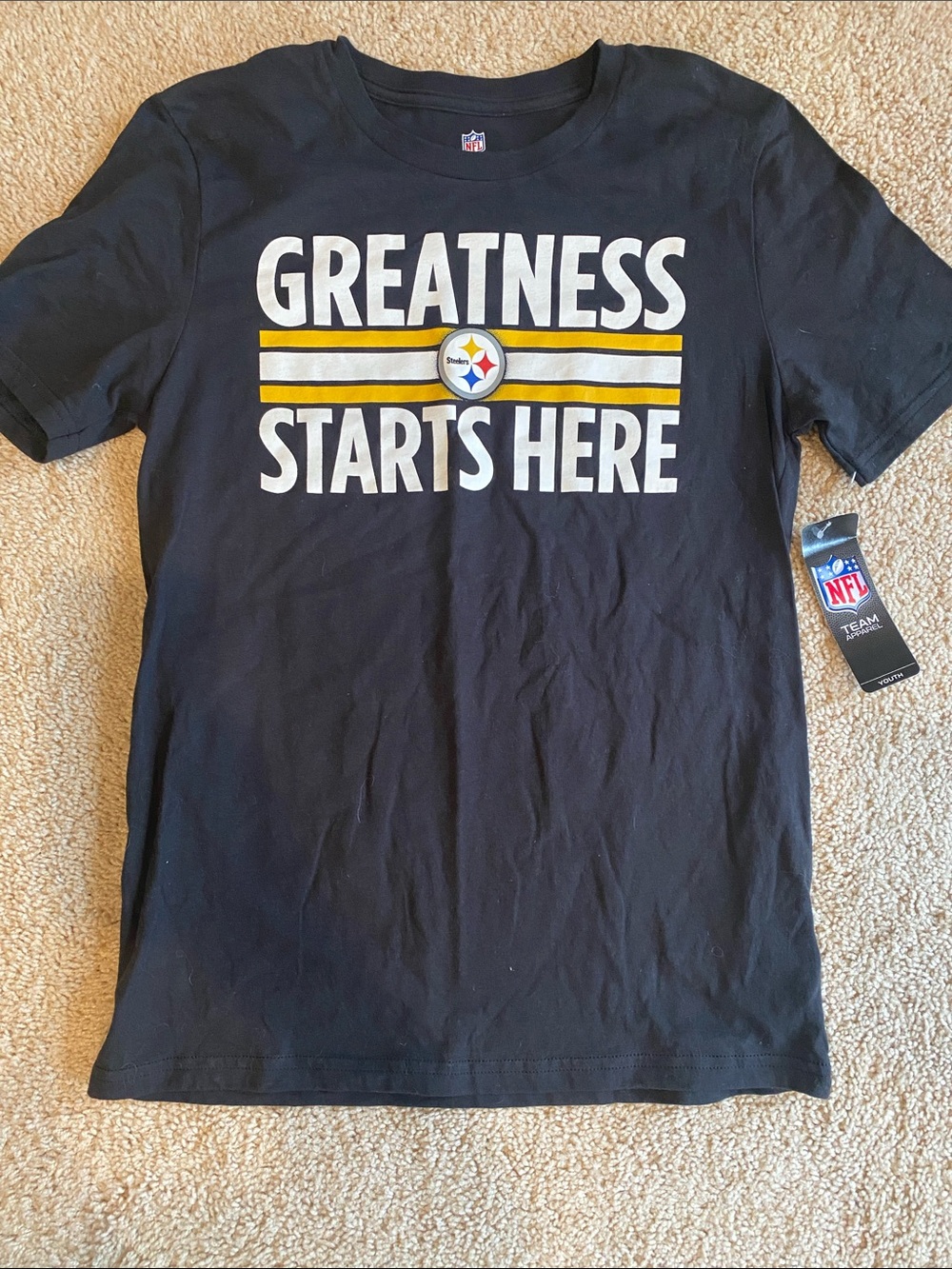NFL Black 'Greatness Starts Here' Steelers Tee with Yellow & White Stripe